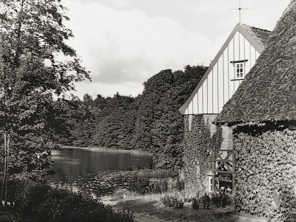Das Fischerhaus mit der Wassermühle um 1930